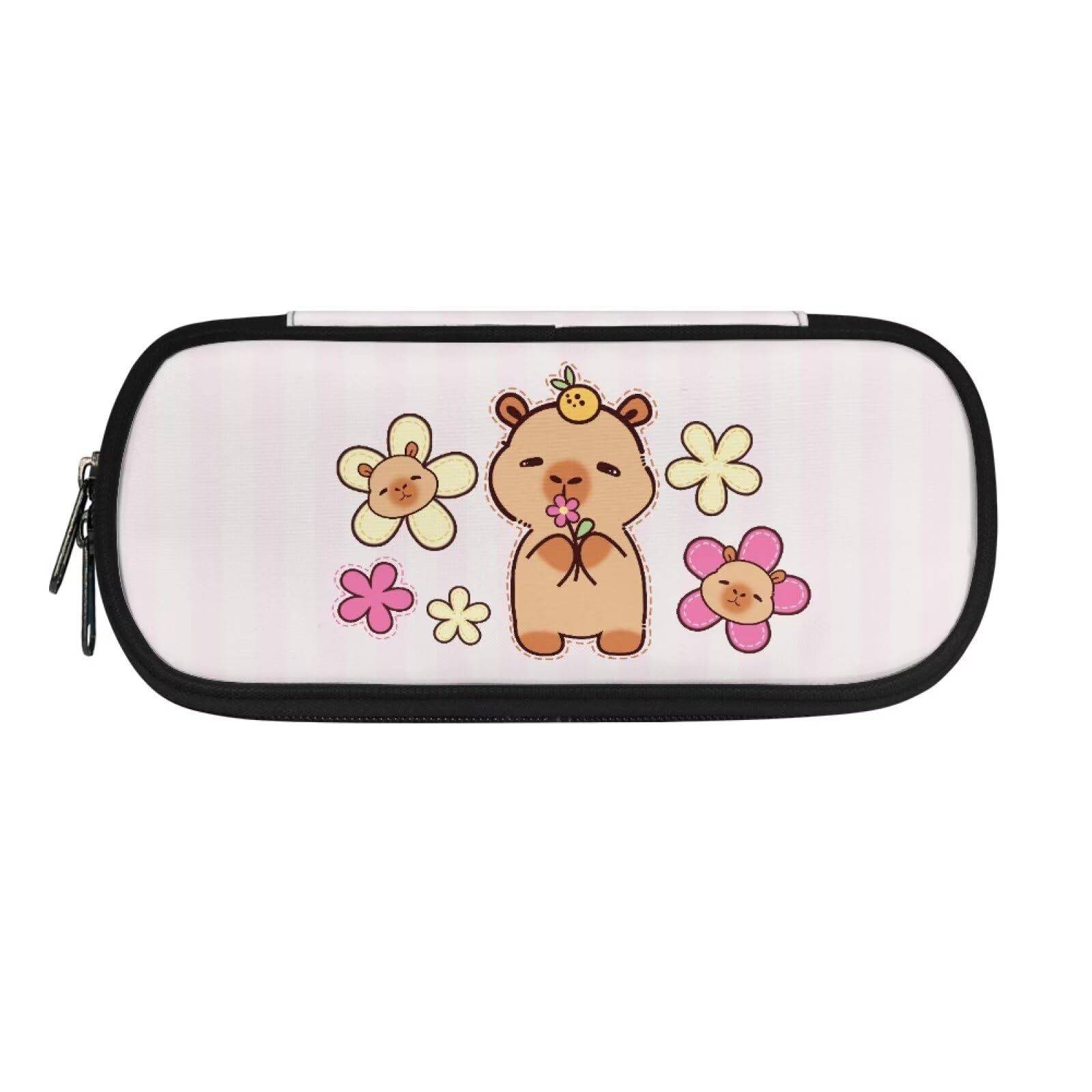 HUGS IDEA Floral Striped Capybara Pencil Case for Adults Teen, Large Capacity Pencil Case with Durable Zip Closure, Stationery Desk Organizer for Kids School Office Supplies
