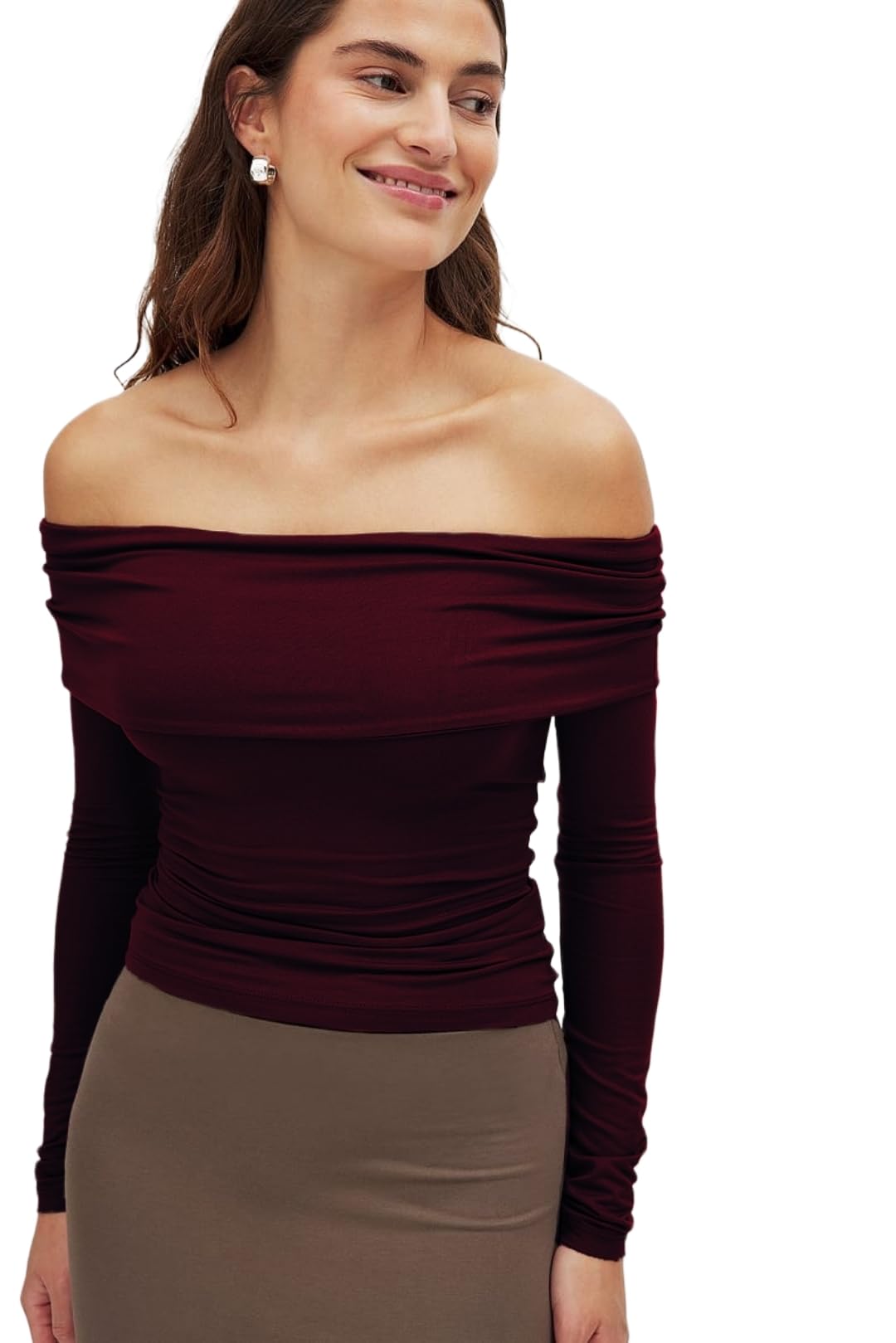 SKIMS Ultra Soft Microfiber Off Shoulder OVERFOLD Ruched Long Sleeve Cuddle TEE SOFTLINE TOP for Women