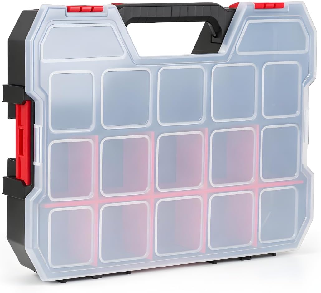 JPT Large Ultra Heavy Duty Tool Organizer Box | Plastic Storage Case with Transparent Lid, 17 Compartments & 10 Removable Dividers Locking Latch | Stackable Screws, Parts & Electrician Organiser