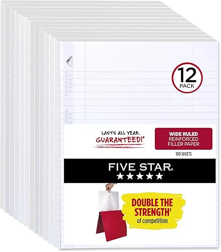 Five Star Papel de hojas sueltas, paquete de 12, papel para cuaderno, papel de relleno de rayas anchas, reforzado, 8 x 10.5, 100 hojas por paquete