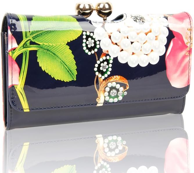 Women's Diamante Clasp Floral & Butterfly Print Patent Leather Wallet Size 7.7"x4.4"x1.5".