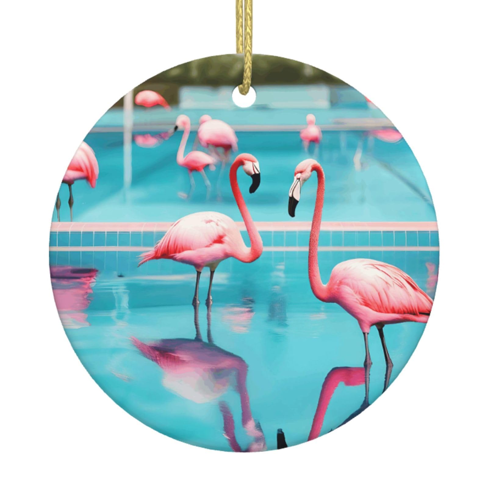 Flamingo And Swimming Pool Print Christmas Ornaments, Ceramic Hanging Ornament, Round Shape Decorations