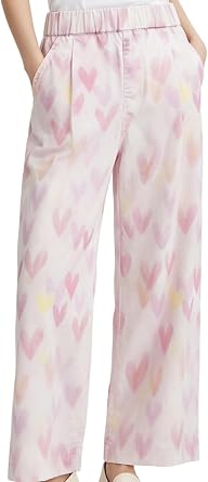 LUCKYLI Girls Pants 100% Cotton Pre-Washed Flat Seams Elastic Waistband Watercolor Print Sensory Friendly Summer Casual 4-12Y