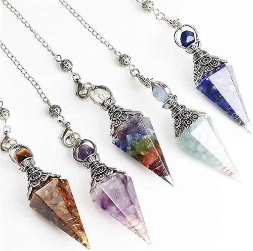 Miniatura 5 de DouuYuhet 2 piezas de péndulo de cristal de amatista curativo natural resina de cuarzo piedras preciosas de reiki colgante de pirámide energía para