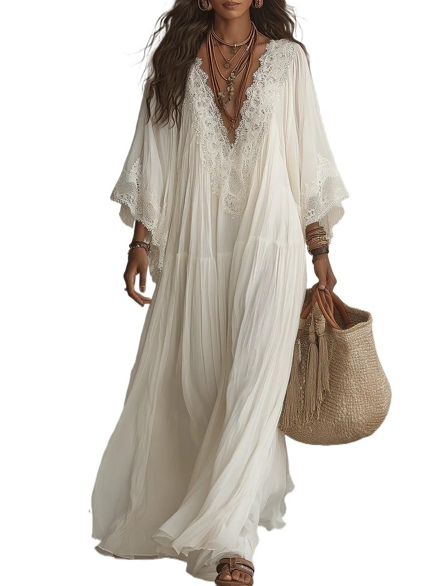 Vestido Maxi Crochet Mujer Escote V Manga Campana Boho | Vestido Largo Estratificado Transpirable Encaje Fluido Para Graduación Invitada Boda Fiestas Verano