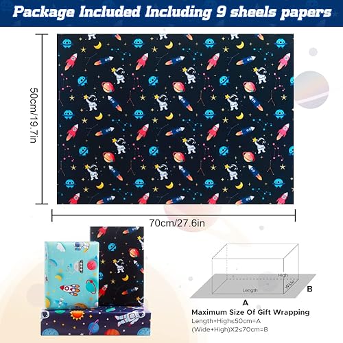 Miniatura 2 de Papel de regalo de cumpleaños para niños, niñas, niños, mujeres y hombres, papel de regalo con diseño de espacio exterior, 3 diseños, 9 hojas