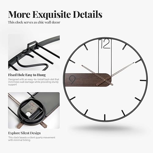 Miniatura 4 de Reloj de pared grande de 30 pulgadas, moderno marco de metal de madera, silencioso sin tictac, funciona con pilas, relojes de pared decorativos para