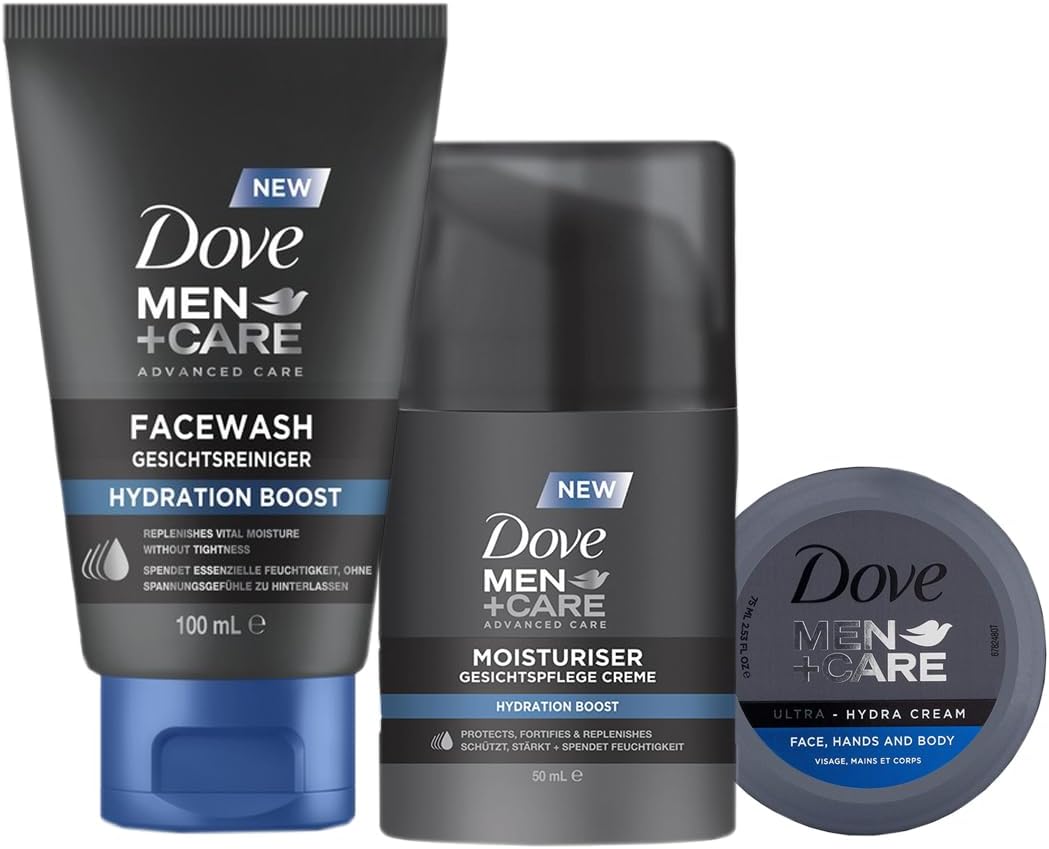 DOVE MEN + CARE Moisturiser Hydration Boost – Facial Cleanser – 100 ml, Face Cream – Protects, Strengthens and Moisturises, 50 ml & Ultra Hydra Cream – Moisturising Effect for Face Hands Body, 75 ml