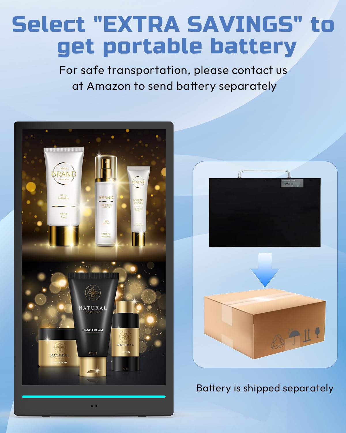 55'' Pantalla Publicidad Exterior Alta Luminosidad 2000Nits, Digital Signage Display Móvil con Baterías Recargables y Ruedas, IP65 Resistente, para Restaurante, Food Trucks, Puestos Callejeros