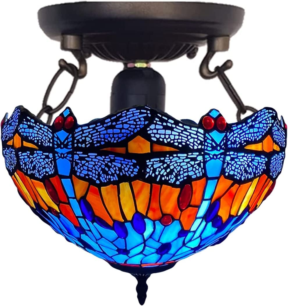 Auroh Tiffany Ceiling Lights 16 inch Handcrafted Lamp Shade Antique Dragonfly Design Ceiling Lamps for Living Room Decor Home Decor Lounge