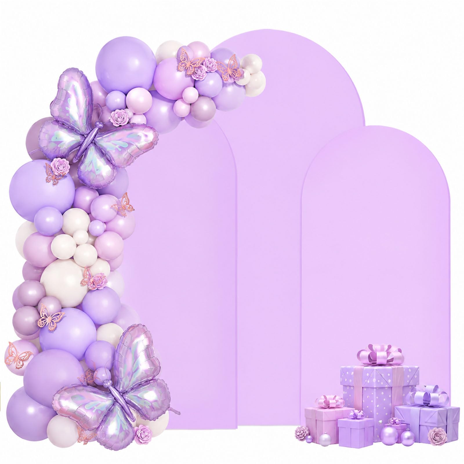 Toile de fond double face avec dessus rond, fond photo pour mariage, anniversaire, cérémonie, fête et banquet (violet, lot de 3)