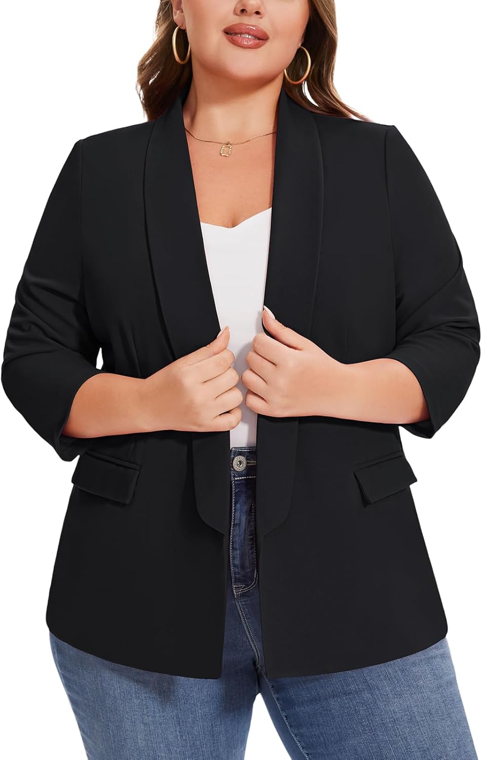 MINTLIMIT Women's Suits & Blazers Plus Size 3/4 Sleeve Open Front Suit Jacket Solid Stretchy Blazer with Pockets(Black,2XL) - Image 2