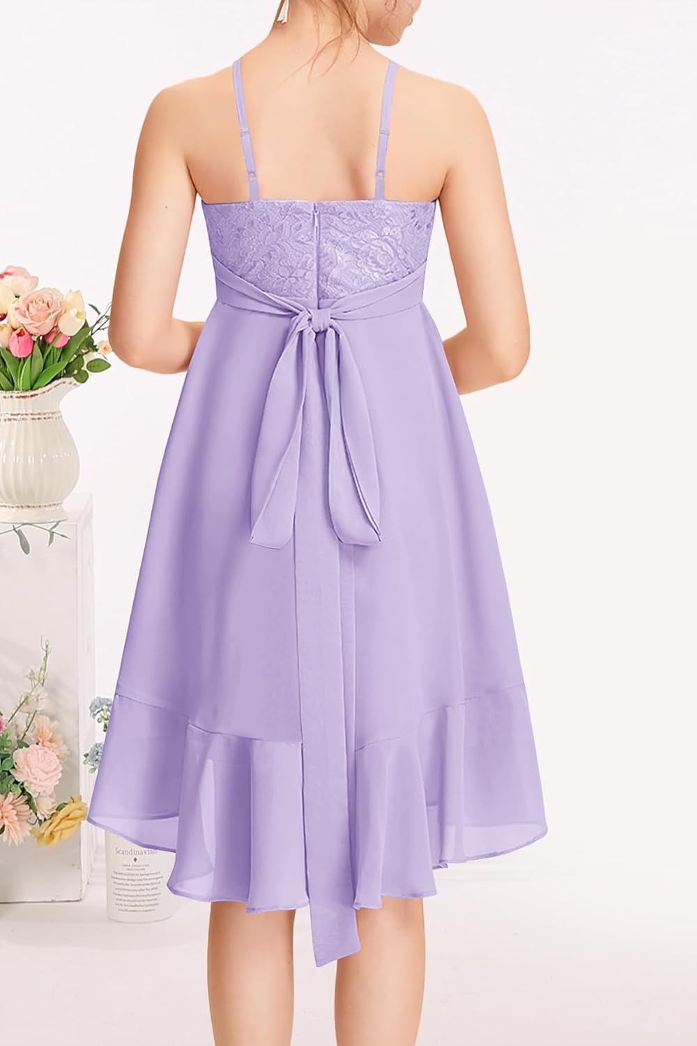 MITILLY Girls Lace Flower Ruffle Dress Chiffon Halter A Line High Low Flowy Junior Bridesmaid Dresses for Wedding Party - Image 4