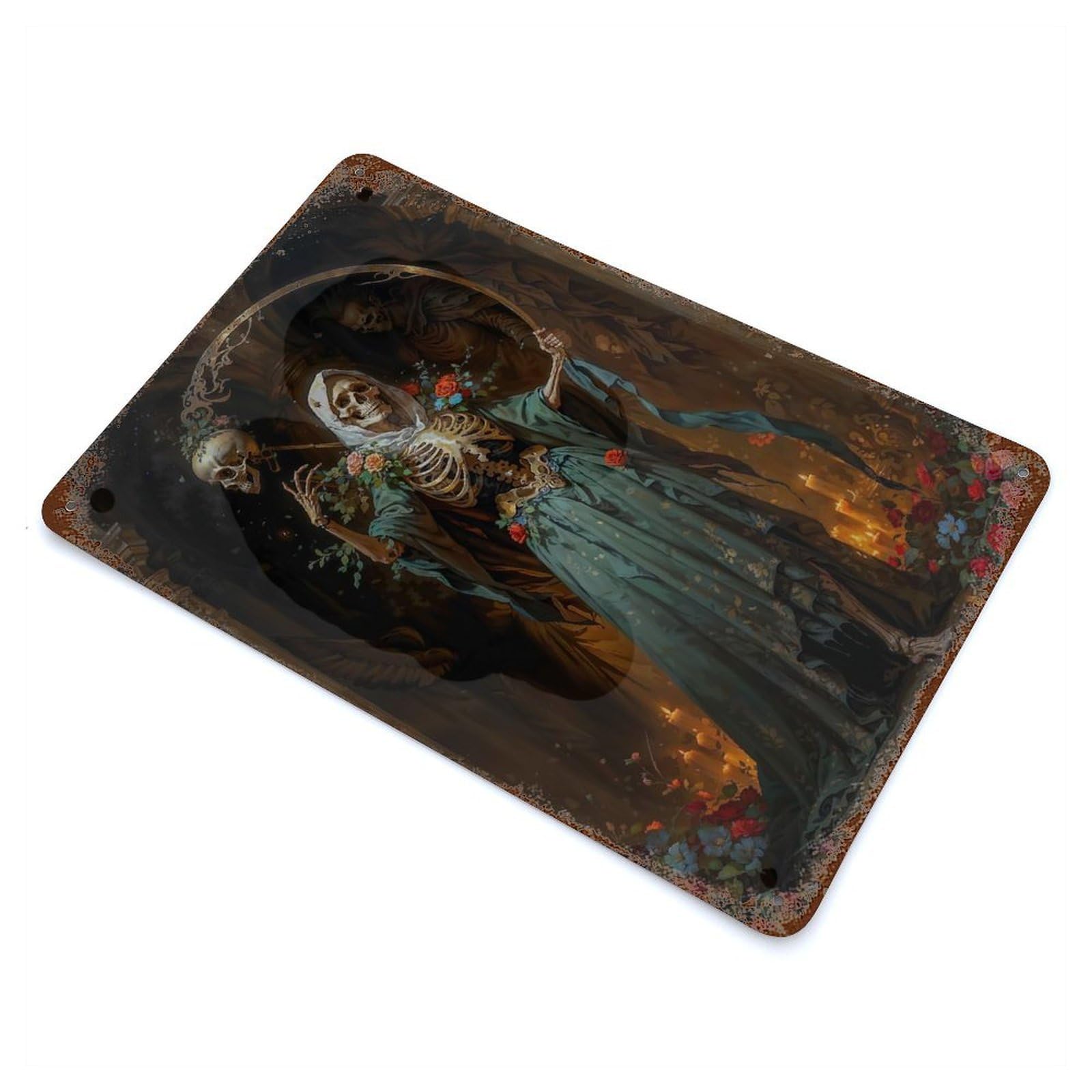 Santa Muerte with Flowers Rusty Metal Tin Sign 11.8"x7.9", Industrial Home Decor for Garage, Pub Or Kitchen