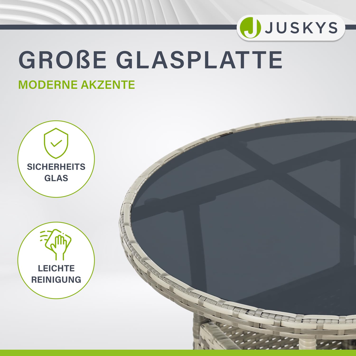 Juskys Polyrattan Gartentisch Yoro wetterfest - Balkontisch Ø 60 cm rund - Rattan Beistelltisch mit Glasplatte - Kleiner Tisch für Balkon - Grau