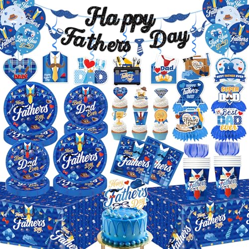 139Pcs Fathers Day Decorations, Happy Fathers Day Party Set with Plates, Napkins, Cups, Tablecloth, Banner, Balloons, Haning Swirls, Cake Topper, Cupcake Toppers for Dad Birthday Party, Serves 20 by CHYAGCLT - Used condition - US$24.51