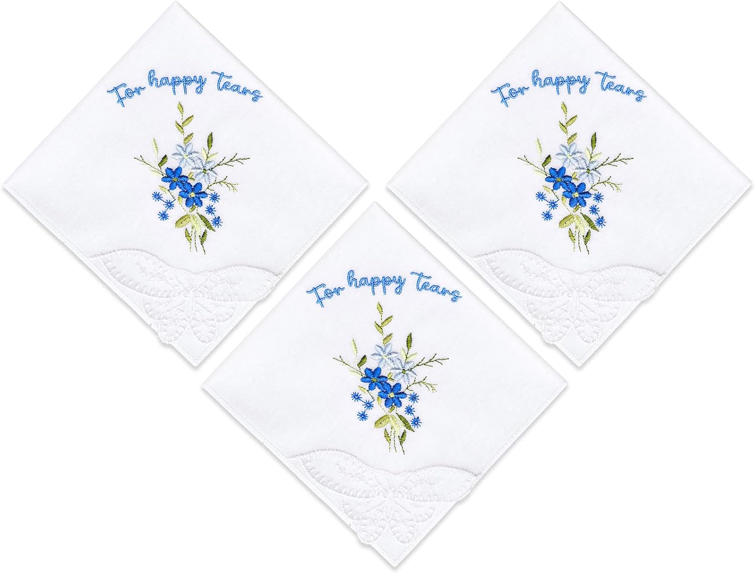 White Embroidered Wedding Handkerchiefs for Happy Tears, 11x11 Inch Bridal Hankies with Lace Edges, Something Blue Gift