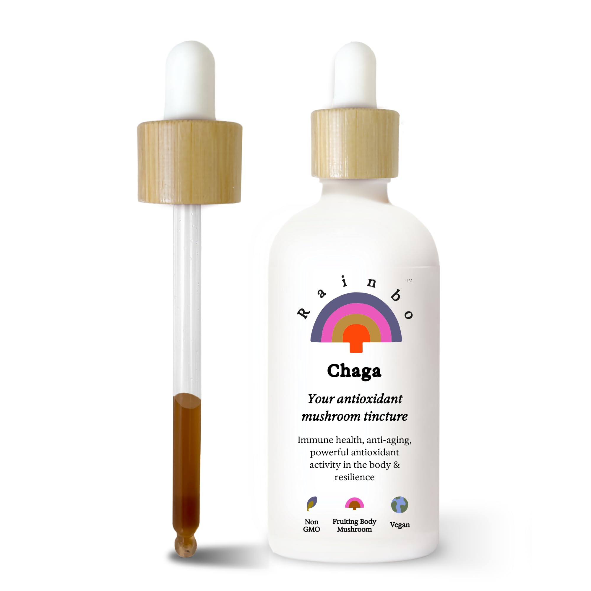 Rainbo - Chaga Mushroom Tincture - Dual Extract Mushroom Supplement - Immune Support, Cellular Support, Liquid Chaga Supplement, Vegan, Non GMO, 3.4 fl oz