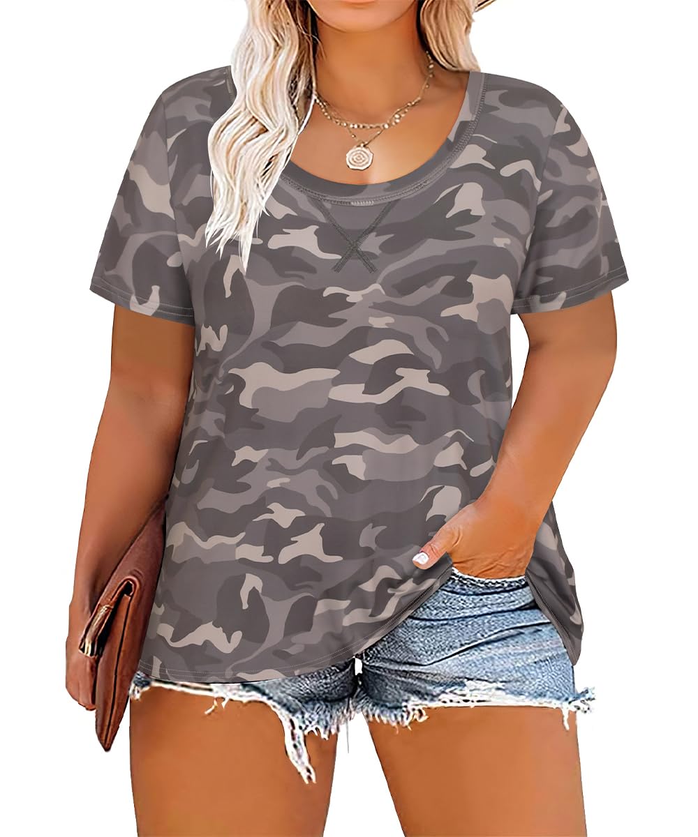 CARCOS Plus Size Tops for Women Short Sleeve Shirt Summer Star/Leopard/Tie Dye/Flower Crewneck Pullover Tunic XL-5XL