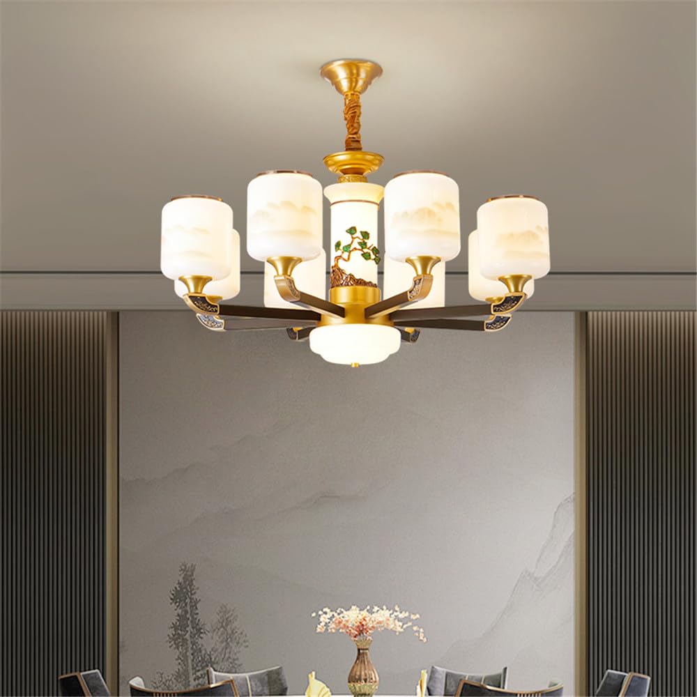 LYMSXAZOU Contemporary Luxury Brass Chandelier LED Chinese Style Living Room Bedroom Dining Villa Hotel Tearoom Cafe Pendent Lights (I 8 Lights)