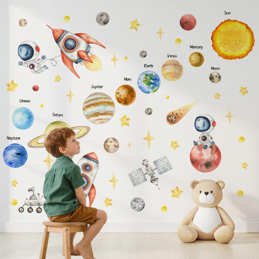 AmiCera Wall Stickers Kids, Space Galaxy Rocket Wall Decals, Space Wallpaper for Baby Nursery Children Boys Bedroom Playroom, Window Film Ceiling Decor, Birthday Present for Boys and Girls(DD3666)