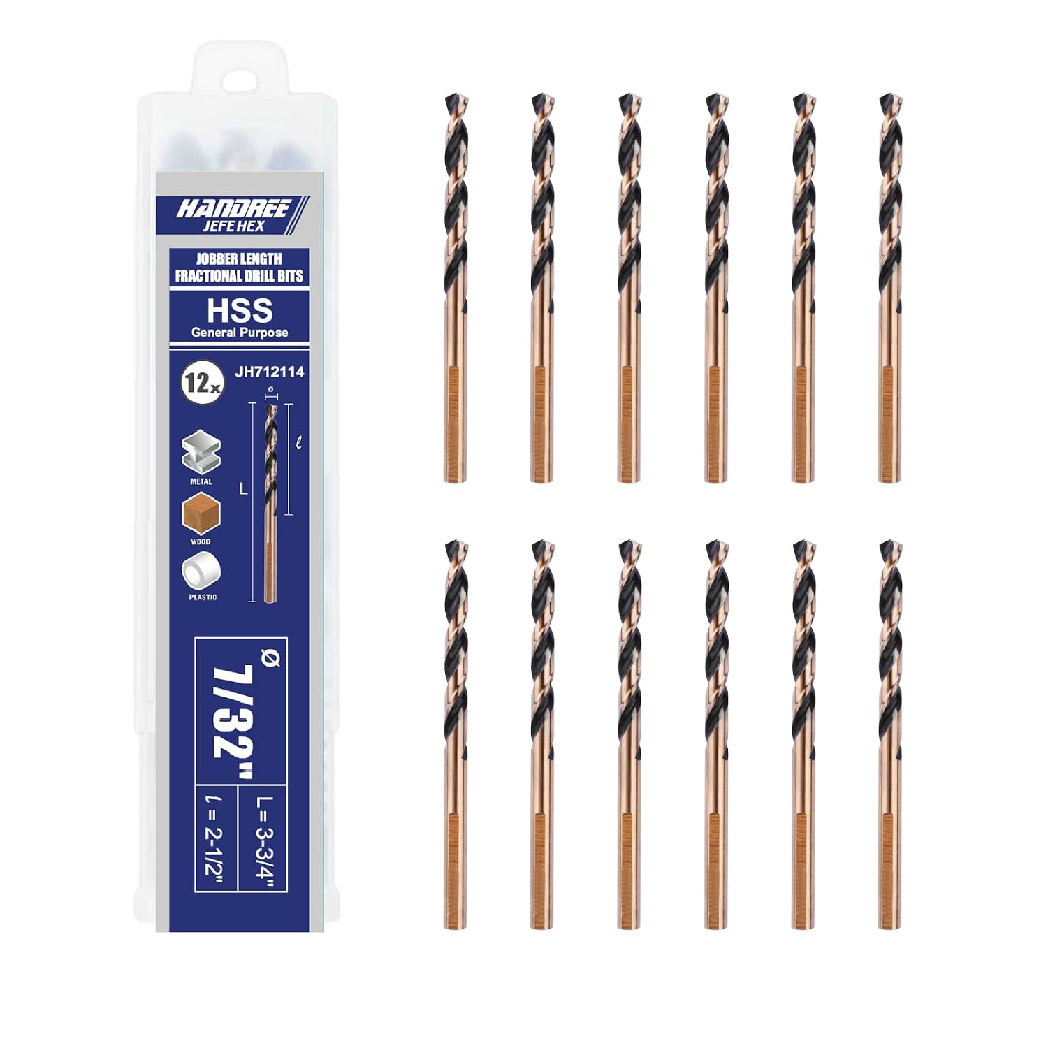 Handree 7/32 12Pcs W4 High-Speed Steel Twist Drill Bits, 3-Flat Shank Black & Gold Coated, 135° Split Point Jobber Length Set, General Purpose for Metal/Wood/Plastic DIY & MRO