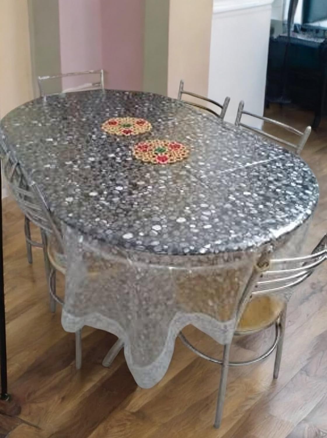 CASA-NEST 3D Translucent PVC Waterproof 4-6 Seater oval dinning Table Cover with Silver Lace Size:- 54x78 Oval