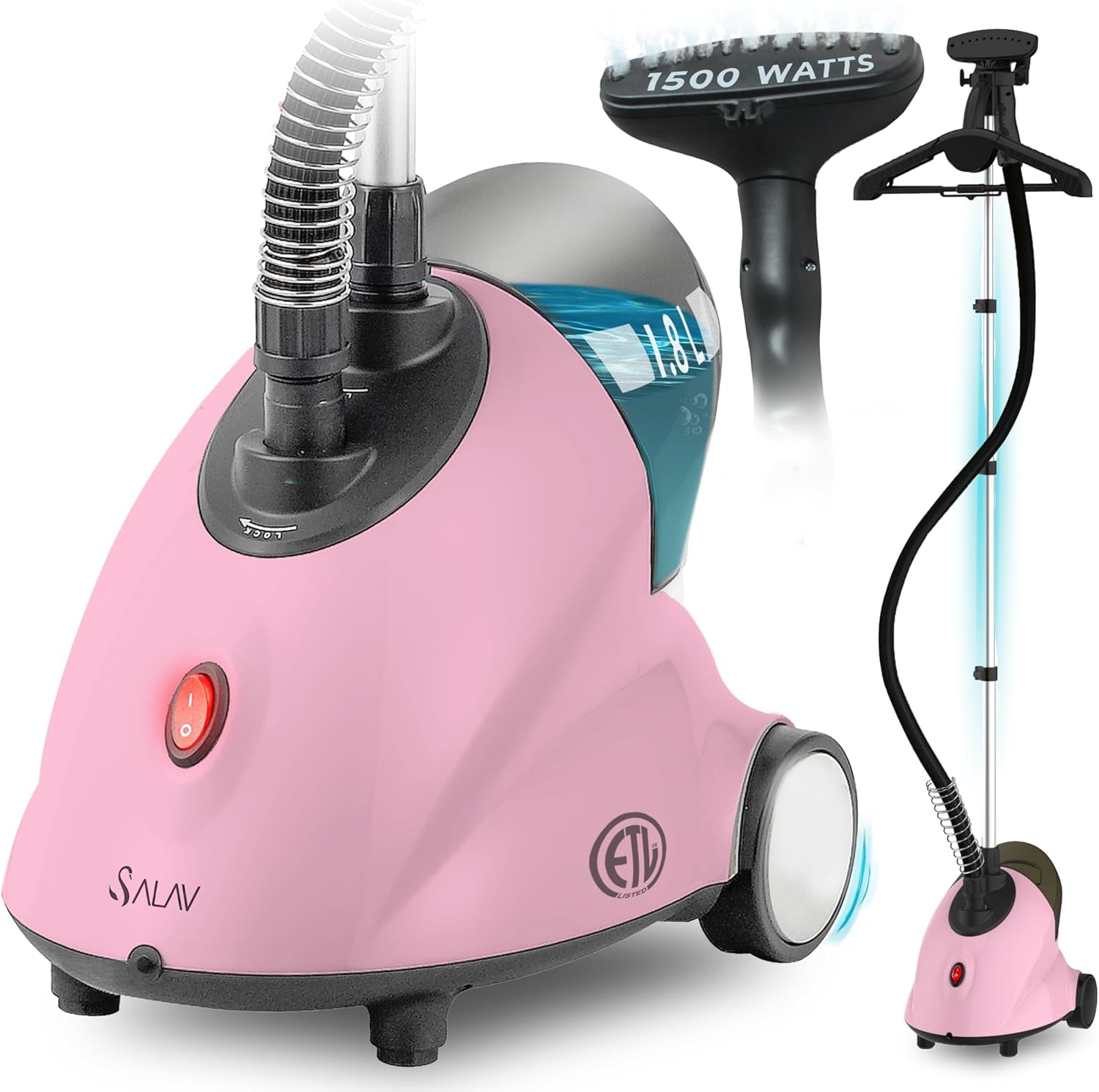 SALAV GS18-DJ Standing Garment Steamer with Roll Wheels, 1.8L Water Tank, 1 Hour Continuous Steaming, Adjustable Pole, 1500W, Includes Descaler Packet, Pink