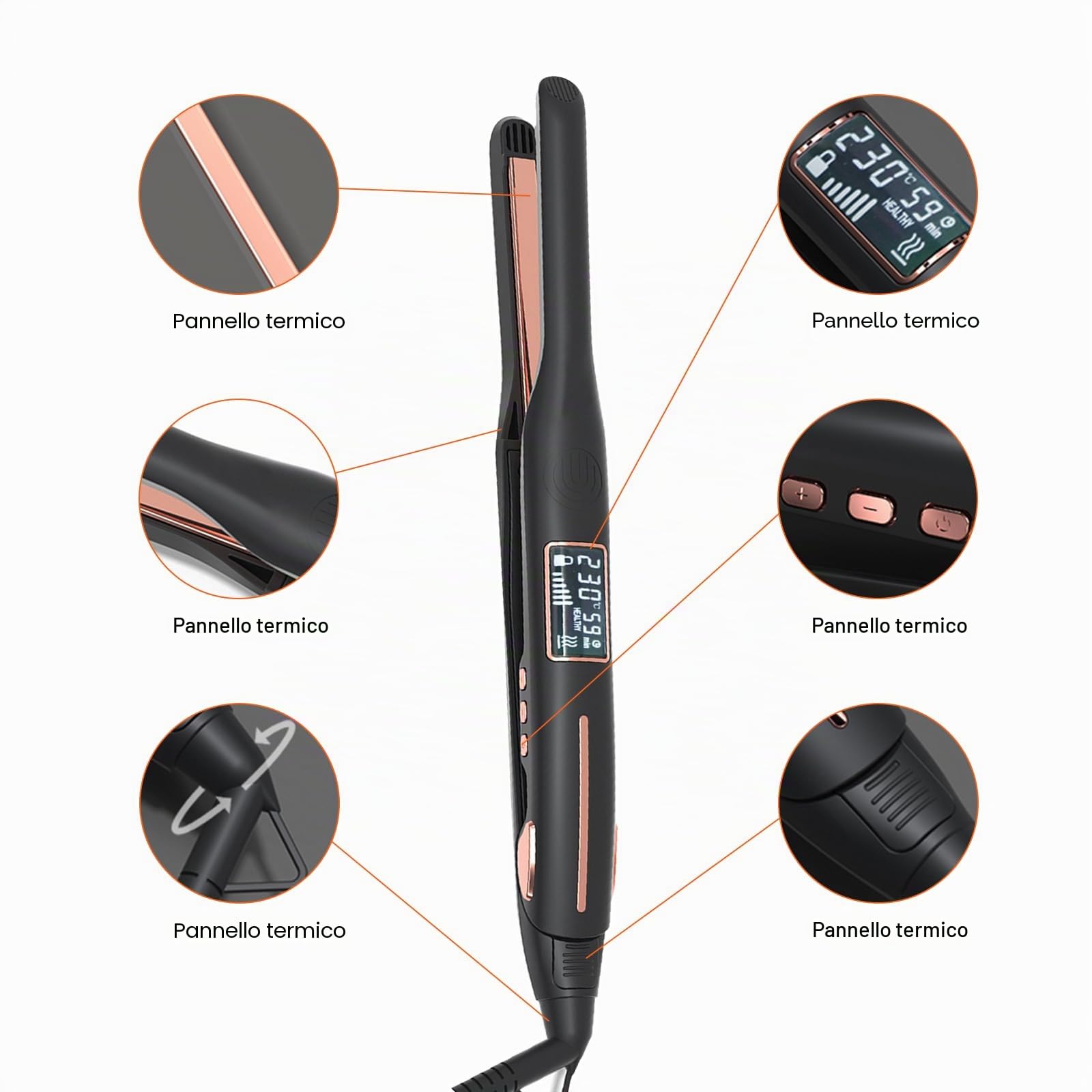 Mini piastra lisciante professionale per capelli corti, barba e frangia, arricciatura e lisciatura, riscaldamento rapido 15S, 80-230°C, display LCD, 10 mm