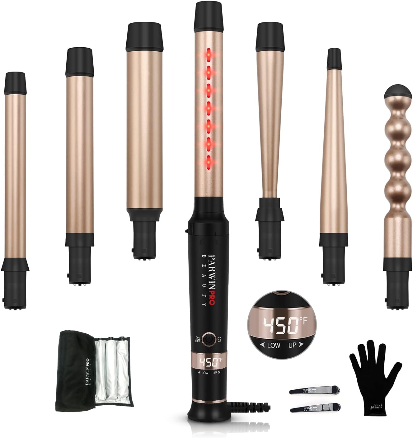 7-in-1 Infrared Curling Iron Wand Set, Dual Voltage Curling Wand with Temperature Control, Auto Shut Off, Hair Curler for Wavy/Air Bang/Ringlet/Spiral with Glove and 2 Hair Clips