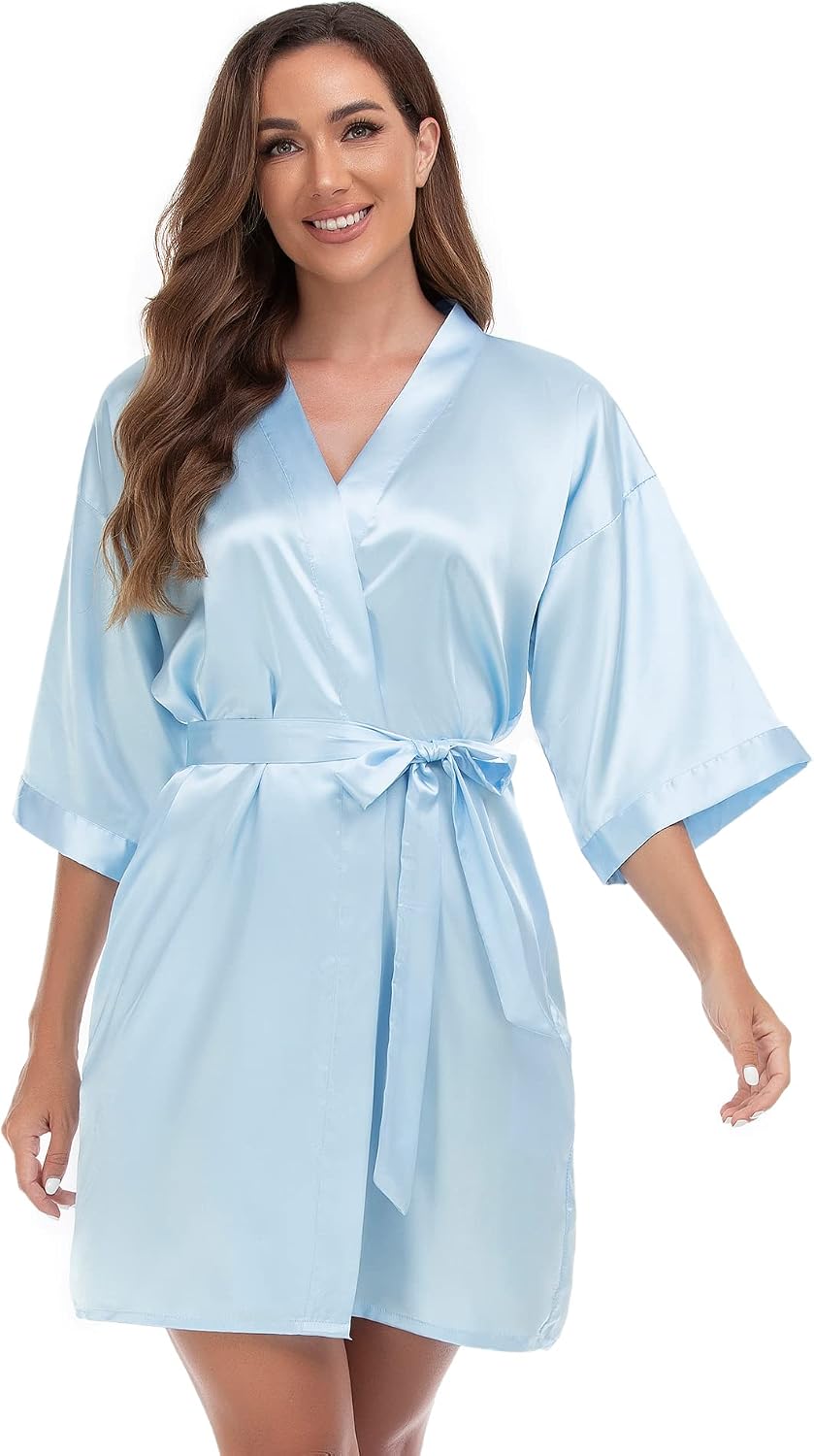 VOGUEMAX Women's Short Kimono Robe Silky Satin Bathrobe Bride Bridesmaids Getting Ready Sleepwear Soft Nightgown