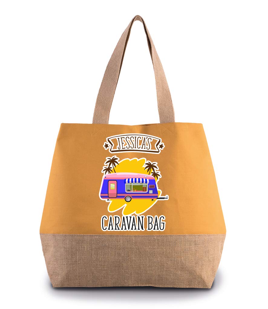 Getagift Personalised with ANY NAME Caravan Canvas Jute Hold Shopper Bag, Present for Her, Happy Campers, Friend, Family, Birthday, Vacation, Holiday. (Cumin Yellow)