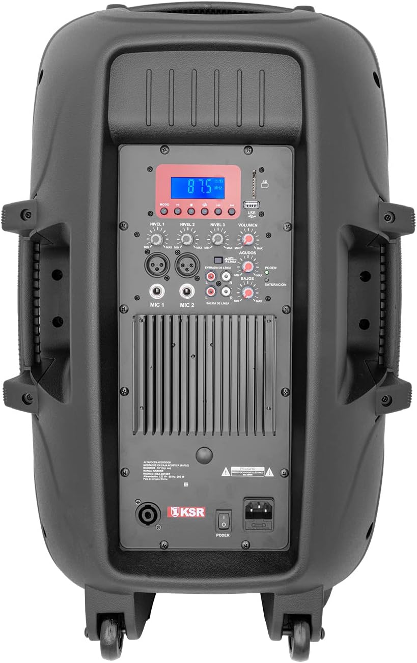 Rear panel of the Kaiser MSA-6515BT amplified speaker, showing the control knobs, input/output ports, and digital display.