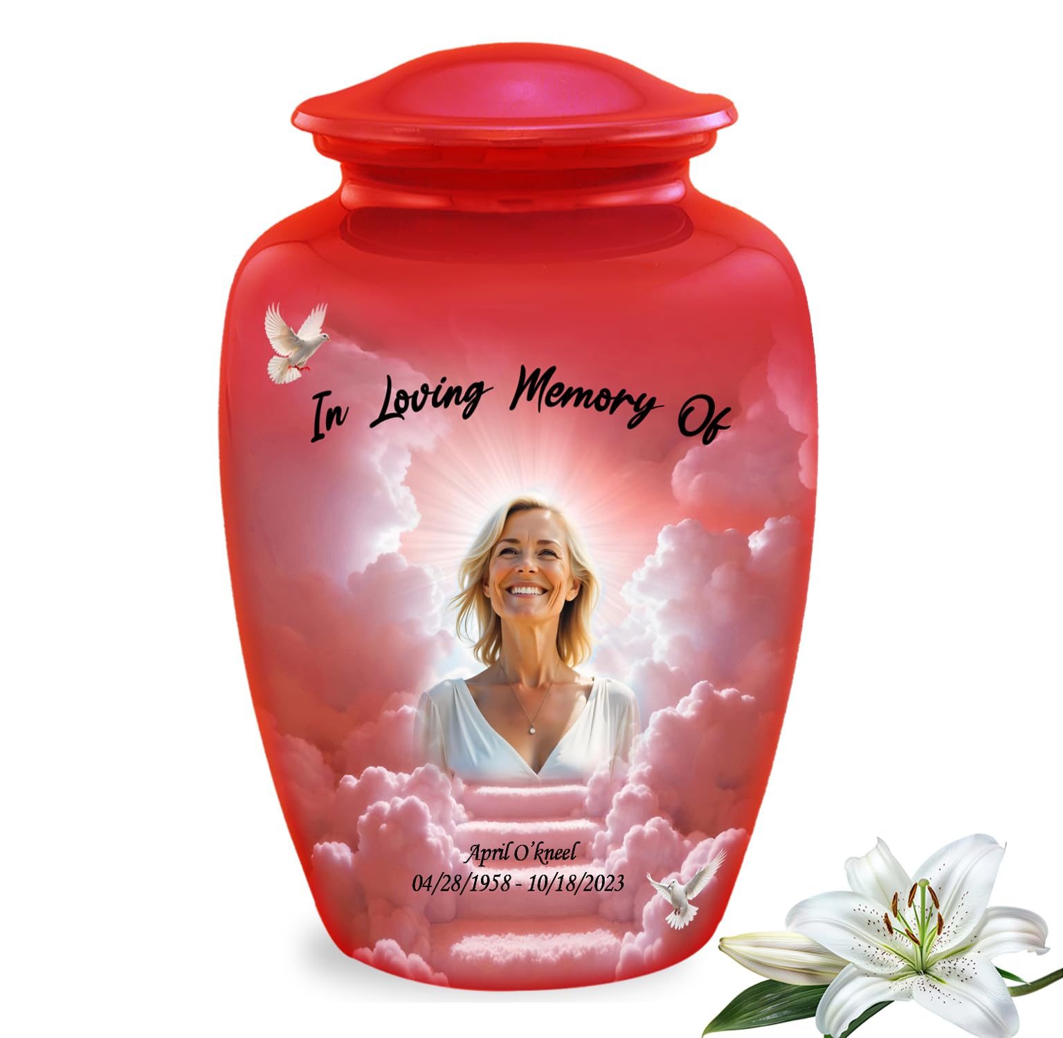 Personalized Photo Print Urn - Custom Photo Cremation Urns for Human Ashes - Full Size Funeral Urns for Man and Women - Decorative Picture Memorial Urn for Ashes Upto 210 lbs (Red, Large)