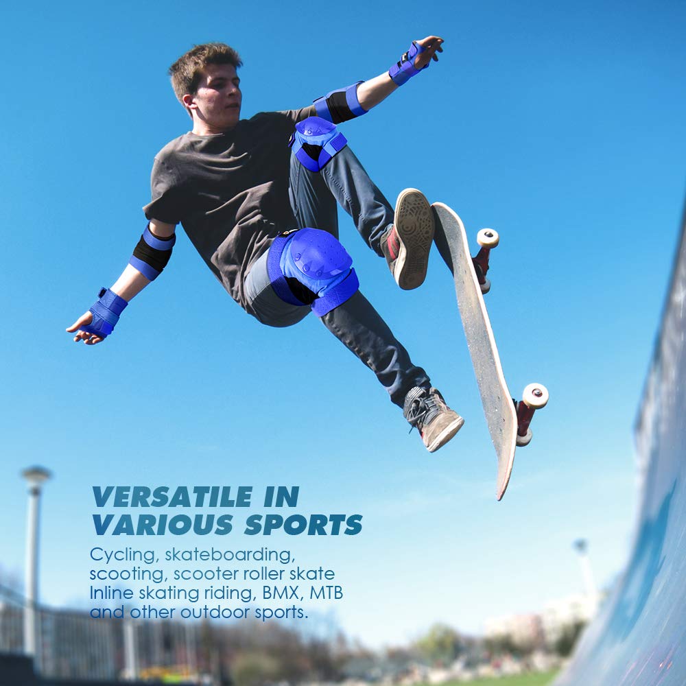 JBM Adult Knee Pads Elbow Pads and Wrist Guards Full Protective Gear for Skateboarding Skate Inline Riding Beginner Scooter Roller Skater (Blue, Large)