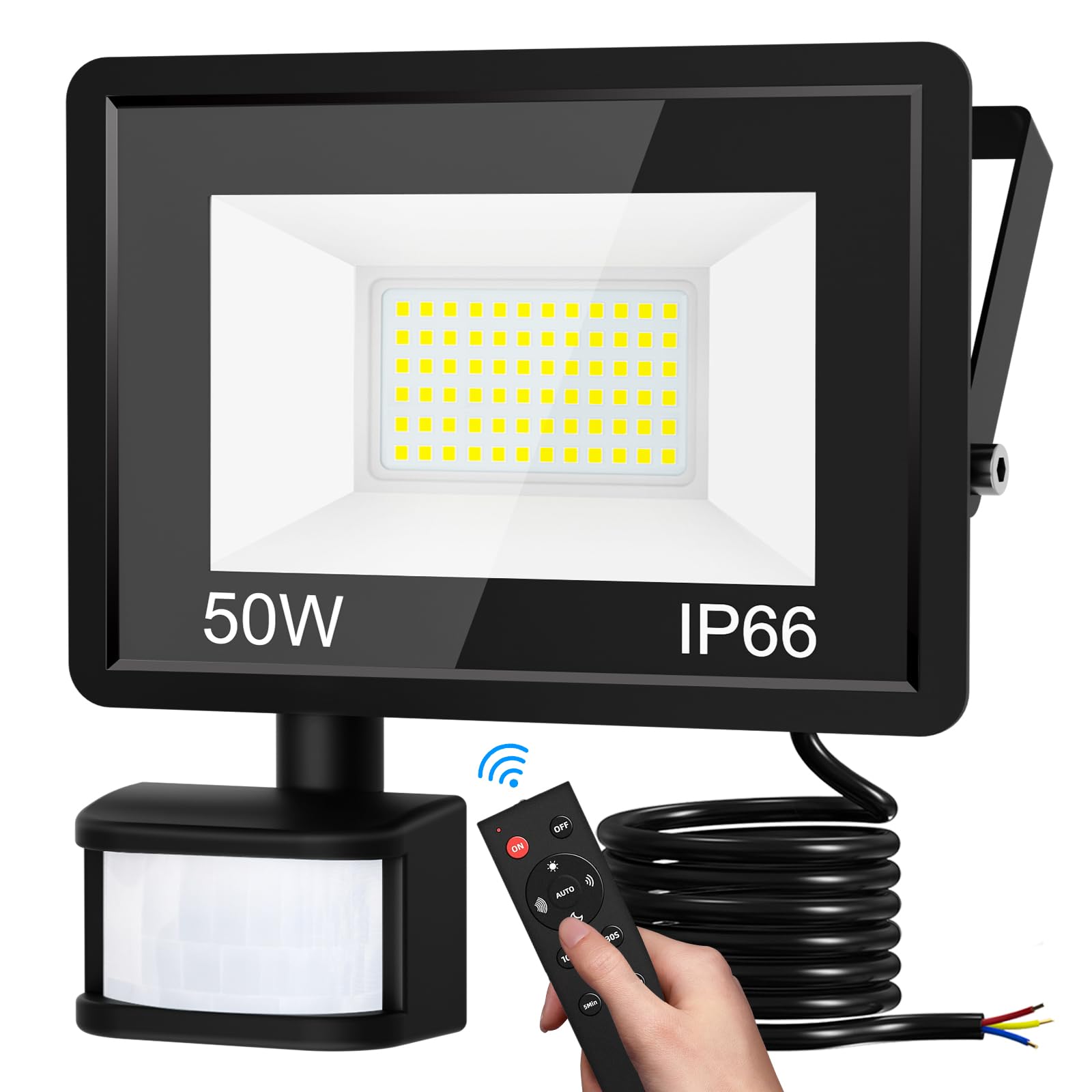 vighep Led Strahler mit Bewegungsmelder Außen, 50W Superhell LED Fluter mit Fernbedienung, IP66 Wasserdicht Scheinwerfer, 6500K Kaltweiß Aussenlampe für Garten Garage Hof Wand
