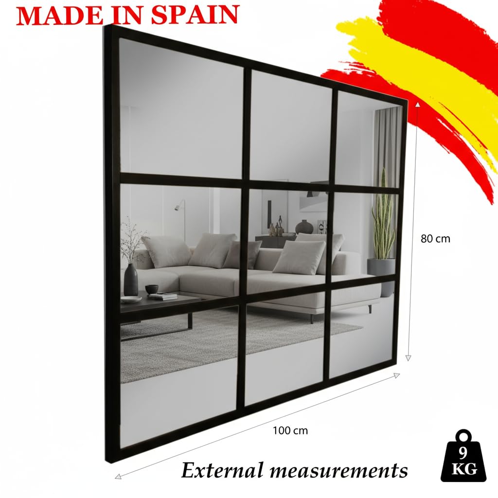 THEROSE Specchio per finestra, specchio industriale, alluminio nero 100 x 80 cm (nero)