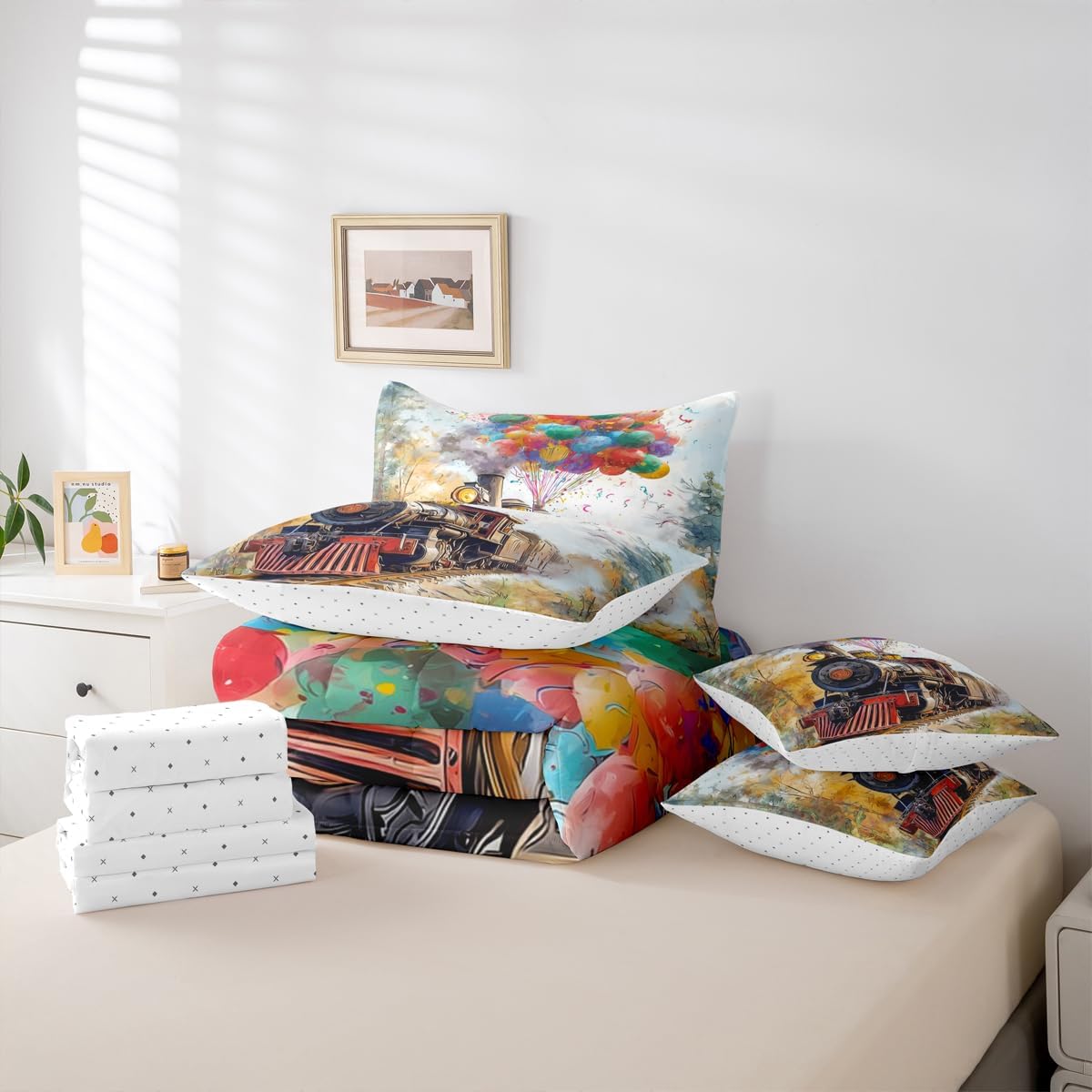 jejeloiu Vintage Steam Train Comforter Set with Sheets 7 Piece King Size 3D Old Style Train Bed in a Bag Kids Boys Girls Classic Railway Retro Bedding Set Balloons Bedroom Decor Breathable Soft