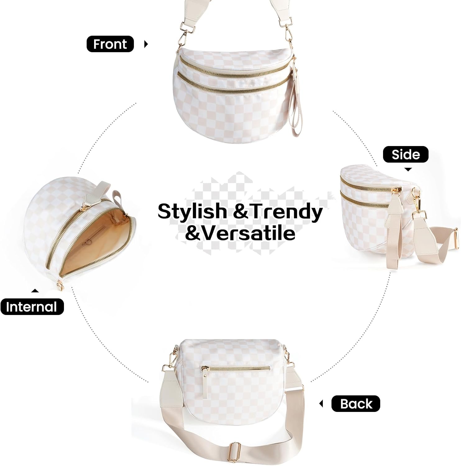 Checkered Bum Bag Crossbody Bag for Women, Spacious Purse Oversized Fanny Packs（Beige） - Image 4
