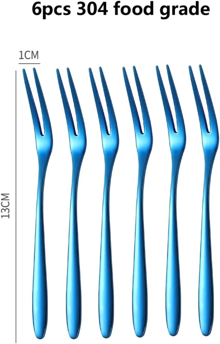 6Pcs Stainless Steel Fruit Fork Set 304 Tableware Snack Cake Dessert Forks Cutlery Fork Two-Tine Fork Cafeteria Home Flatware(Blue)