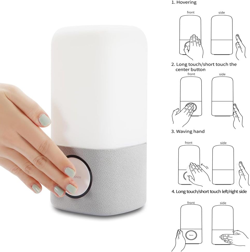 Diagram illustrating gesture controls for the Sleepace Nox Smart Sleep Light, including hovering, long/short touch, waving hand, and left/right touch