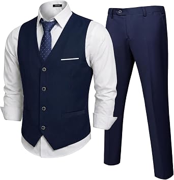 MrSure Mens 2-Piece Suit, Vest Pants Set for Men, Casual Waistcoat with Tie for Prom Wedding Homecoming