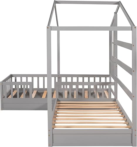 Miniatura 67 de MERITLINE Camas matrimoniales con nido para niños, marco de cama de madera para niñas y niños, cama matrimonial con techo, no necesita somier Azul +