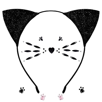 DDazzling Glitter Cat Ears Headband with Face Jewel Accessories for Halloween Animal Cosplay Black, One Size