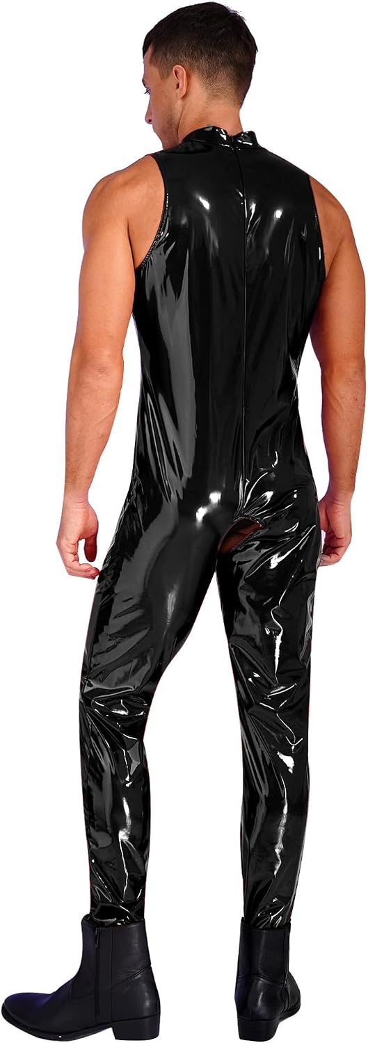 Vxuxlje Men's PVC Leather Open Cups Bodysuit Jumpsuit Latex Mock Neck Tank Catsuit Clubwear