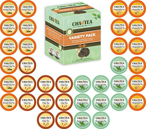 Cha4TEA 36-Count Herbal Tea Pods for Keurig K-Cup Brewer (Peppermint, Herbal Chai and Camomile, Chai Black Tea)