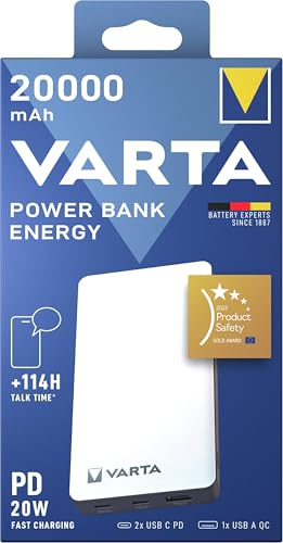 VARTA Power Bank 20000mAh, Powerbank Energy s 3 priključka (2x USB C, 1x USB A), kompatibilan s tabletima i pametnim telefonima, uključujući mikro USB kabel za punjenje