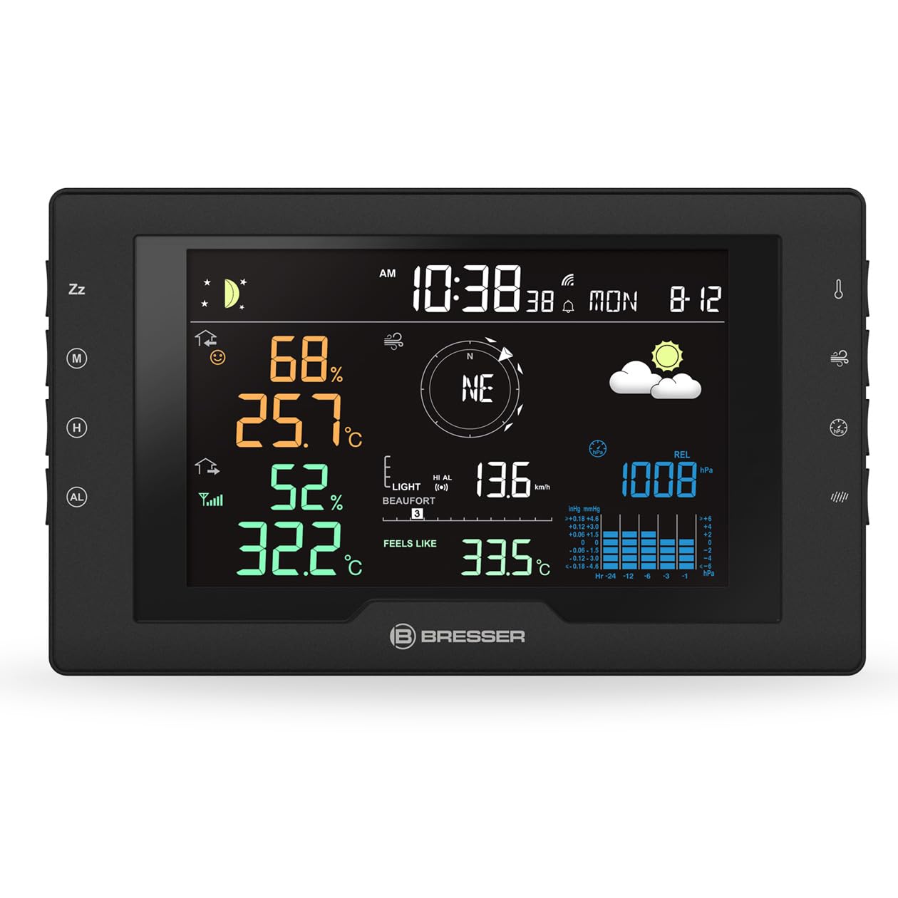 Bresser Azores Stazione meteo professionale con sensore esterno 5 in 1 | Temperatura interna ed esterna, umidità, pluviometro, anemometro, previsioni meteo, avviso gelo, scala Beaufort