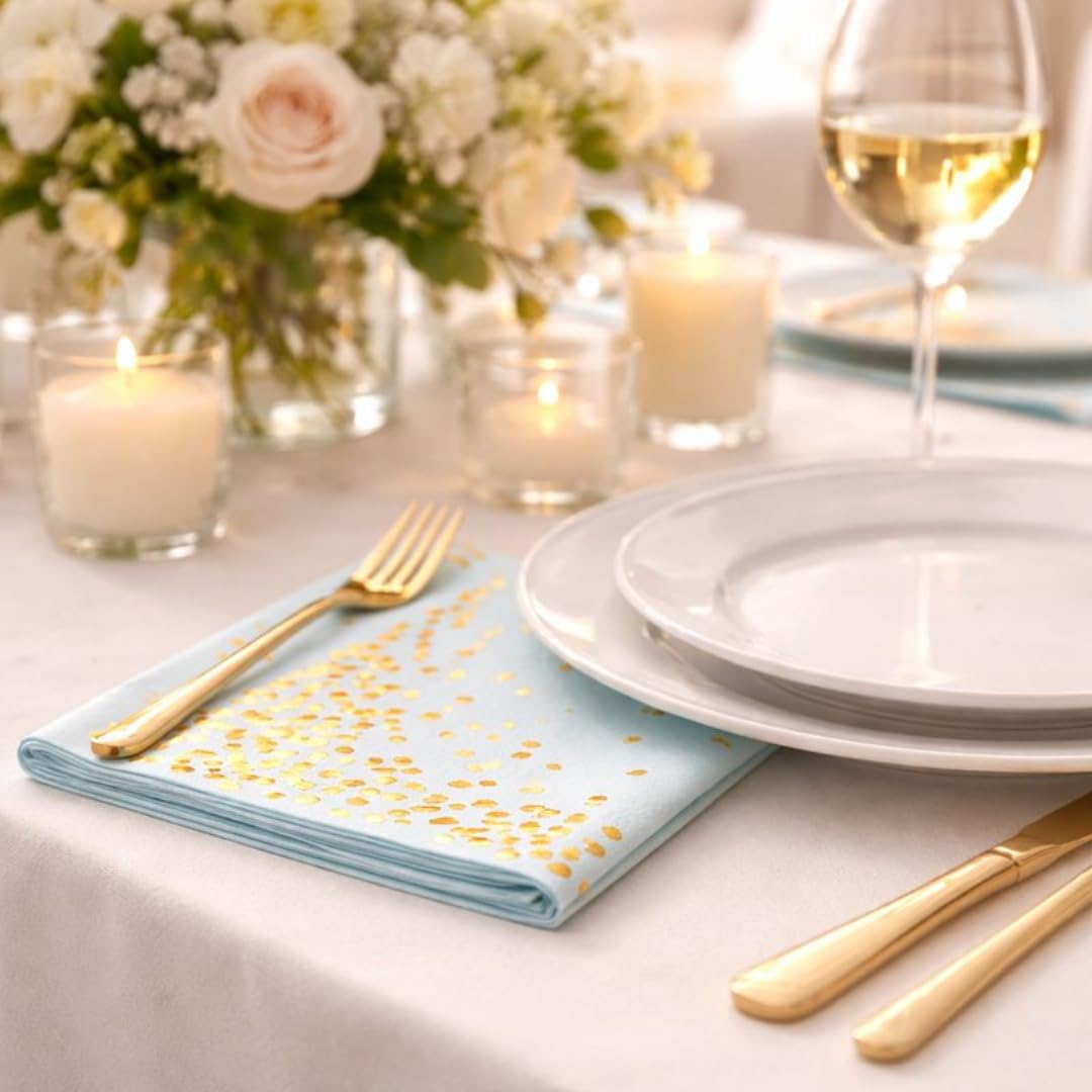 Wanna Party Light Blue Paper Napkins w/Golden Polka Dots | Disposable 2 Ply Paper Napkin | Paper Tissue For Party, Birthday, Wedding | Printed Paper Napkin - Pack Of 20 Light Blue Sheets 1