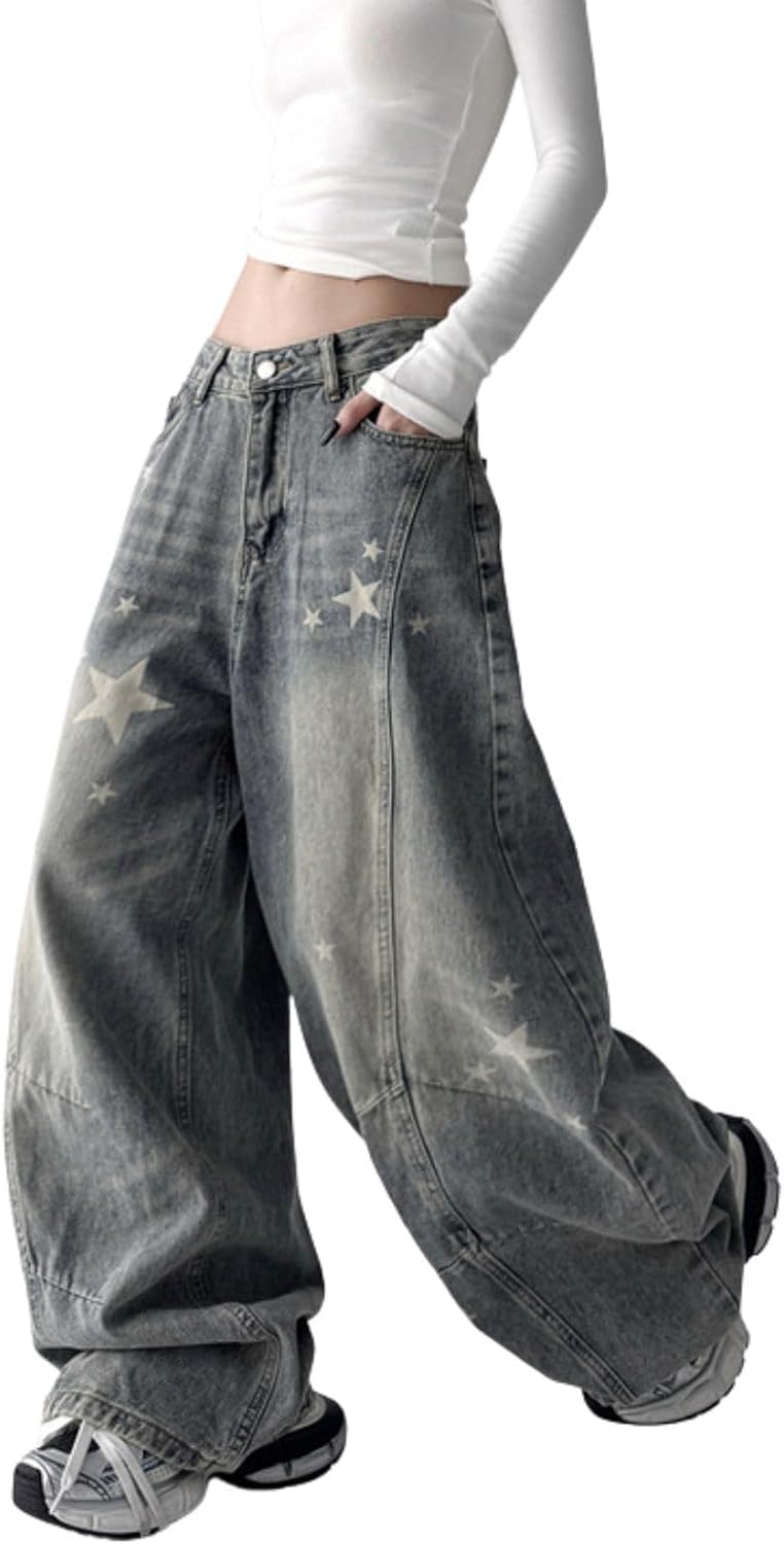 Baggy Jeans for Women Men Star Patchwork Barrel Jeans Low Rise Grunge Boyfriend Denim Pants Streetwear Clothes - Image 4
